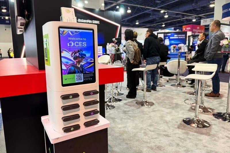 Custom branded charging kiosk displaying event and sponsor messaging